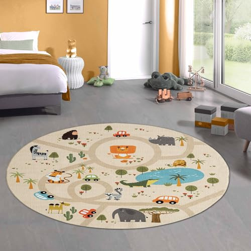 CARPETIA Kinderzimmer Teppich Kinderteppich Kinderzimmerteppich rutschfest Safari/Dschungel beige 200 cm rund