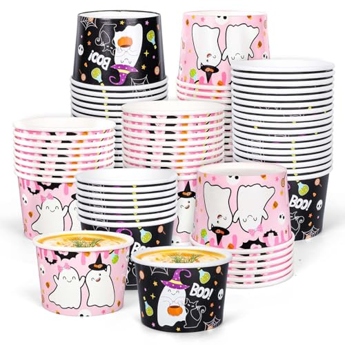 JarThenaAMCS 100Pcs Halloween Snack Cups Cute Cartoon Ghost Disposable Paper Bowls Pink Black Boo Decorative Ice Cream Dessert Soup Bowls for Party Decor Supplies Hot Cold Drinks
