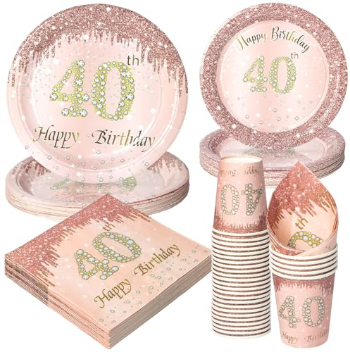 PARTY GO Partygeschirr 96 Stück rose gold 40th Geburtstagspartygeschirr Set Geburtstagsparty Tischdekoration 24 Gäste