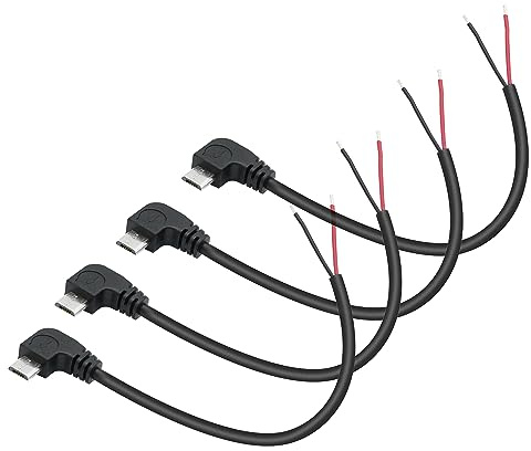 4Pcs right angle Micro USB to 2Pin Bare Wire Open End Wire 30cm/11in, 90 degree plug pigtail power cable 22AWG 5V/3A, for Micro USB devices installed or replacement repair DIY cable