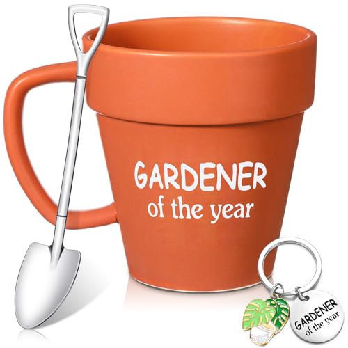 FoldTier 3 Pcs Gardening Gifts Gardener Coffee Mug with Shovel Spoon and Keychain Gardener of Year Mug Plant Pot Cup Novelty Ceramic Cup Shovel Spoon Keychain Gift for Gardening Lover