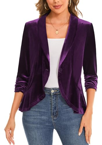 Velvet Blazers for Womens Shawl Lapel Jacket 3/4 Sleeve Open Front Cardigan | Ladies Casual Velvet Blazer Shawl Lapel Fashion Jacket Cardigan 3/4 Ruched Sleeve Jacket Ruffle Hem Coat Open Front Outerwear
