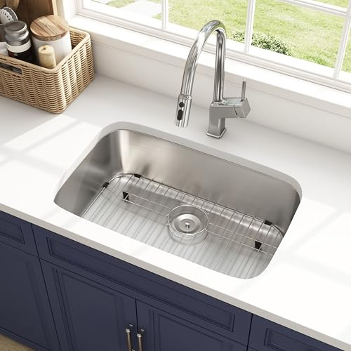 Quikore 30 Inch Undermount Kitchen Sink 18 Gauge Stainless Steel Spacious Single Bowl Curved Shape Round Corner Deep Sinks with Basket Strainer and Bottom Grid 30 x 18 x 9