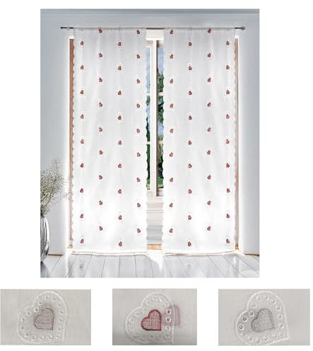 Home Tresor - Coppia Tende Ricamate a Vetro per Interni Tendine Finestra e Portafinestra Cucina Bagno Camera Cuori Tirolesi Doreen B5-2 Pannelli 60 x 150 cm. Beige