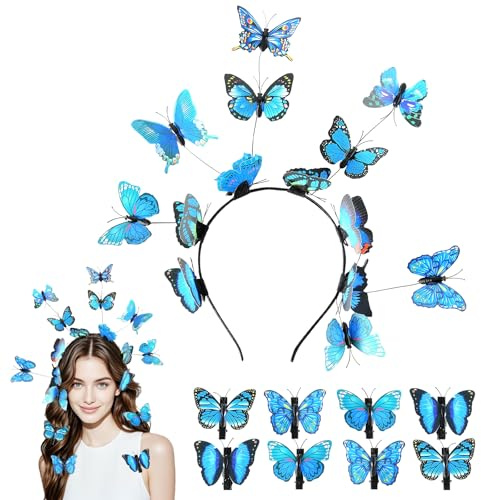 Schmetterling Kopfschmuck Damen Sets, Schmetterling Haarreif + 8 Stück Butterfly Hair Clips, Exquisit Dreidimensional Schmetterlinge Haarschmuck für Frühling Karnevals Looks Accessoires (Blau, 12cm)