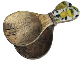 Juego de 2 Cubiertos de Ensalada de Madera de Mango, 22 x 9 cm, con Diseño de Limones