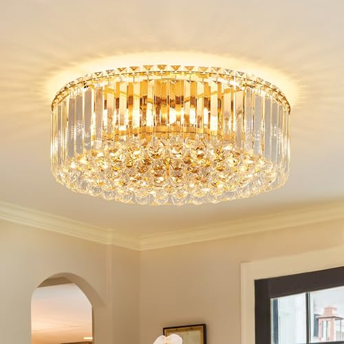 Faibra 17.3 Gold K9 Crystal Raindrop Flush Mount Ceiling Light, Modern Chandelier, Round Luxury Light Fixture for Dining Room, Bedroom, Hallway, Kitchen Island & Living Room