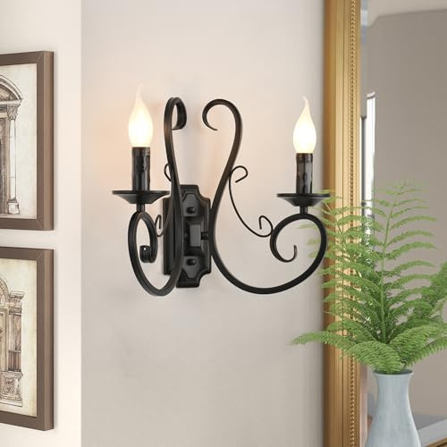 Ganeed Aplique Pared Retro Hierro Negro 2 Luces E14 (lote de 2) | Lámpara Pared Interior Vintage Francesa Rústica para Salón Dormitorio Escalera, 2 Luz Iluminación Amplia