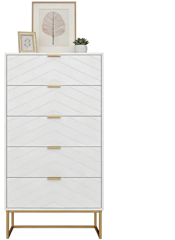 UEV Kommode mit 5 Schubladen, Schubladenschrank Schmal 60x34x110cm (Weiß) | mit Kippschutz & Metallfuß, modern Highboard Sideboard Holz Beistellschrank Komodenschrank für schlafzimmer Wohnzimmer Flur