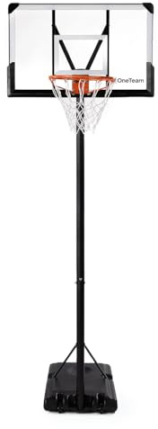 OneTeam Pallacanestro BH04 nero regolabile autoportante con ruote di trasporto, materiale PC resistente, base stabile con capacità di 140 L con tavola e griglia (235-305)