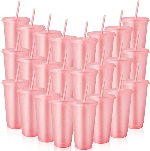 SWHCM 24 Pièces Gobelets Plastiques Réutilisables avec Couvercle & Paille, 710ml Café Tasse de Voyage, Verre Plastique Reutilisable pour Enfants Adultes Fête (Rosa)
