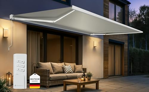 paramondo Elektrisch Kassettenmarkise Quadris mit LED Beleuchtung, Markise Gelenkarmmarkise Sonnenmarkise Sonnenschutz, mit jarolift Funkmotor & Funkhandsender, komplett vormontiert, 4,45 x 3,5 m