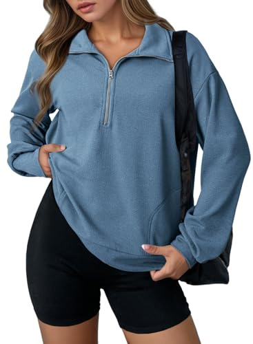 Dokotoo Womens Sweatshirt Business Casual Long Sleeve Lightweight Cute Waffle Knit Half Zip Up Sweatshirts Loose Ladies Tops and Blouses Fall Fashion Outfits Winter Clothing 2025 Dusk Blue Medium