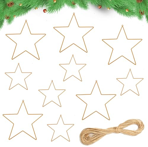 10 Stück Gold Metallring Stern Kranz, 20cm und 15cm Metallsterne mit 10m Juteschnur, Metallsterne Weihnachtsdeko zum Hängen, DIY Traumfänger, Floral Hoop Kranz DIY Hochzeit Dekor