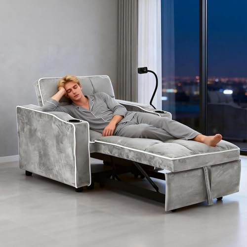 LANTRO JS Single Sofa Bed Chair, 3 in 1 Expandable Recliner Sofa with Drink Holders, Phone Holder and Side Pocket, Space Saving Sleeper Chair Armchair for Small Spaces, Gray