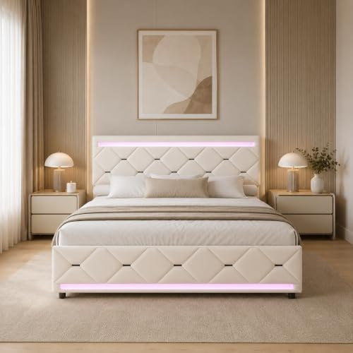 PerGar Polsterbett 160x200 cm mit LED-Beleuchtung & USB, 4 Schubladen | Doppelbett mit Stauraum & Lattenrost, Modernes Design-Bettgestell Sechseck-Muster, Samt Bett Creme-Weiß