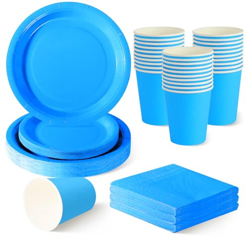 ZblPyro Azul Cielo cumpleaños para 30 invitados con platos carton redondos 23cm y 18cm, vasos de papel y servilletas. Ideal para fiestas escolares y verano.