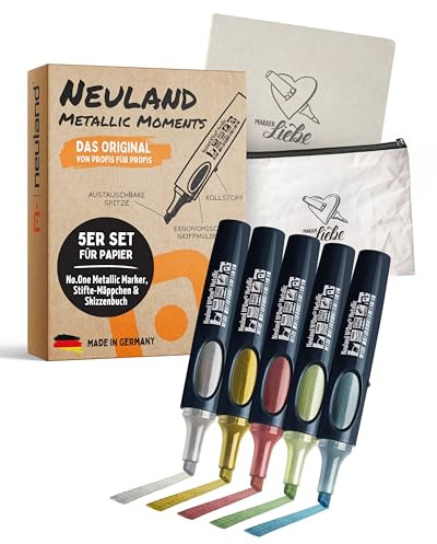 Neuland Metallic Moments Set I 5 Metallic-Marker mit Keilspitze 2-6 mm inkl. Skizzenbuch & Stiftemäppchen I Nachfüllbare, ergonomische Marker & Zubehör I Ideal für kreative Visualisierungen