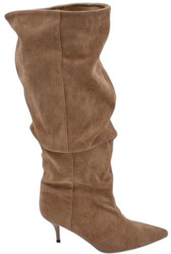 Stivale Alto Slouchy camoscio Beige Donna Linea Basic con Tacco a Spillo Kitten 5 cm Gambale Over a Punta Zip (40 EU)