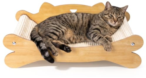Nobleza Rascador para Gatos Tipo Cama de Madera, Sofá Rascador de Cartón Ondulado con Soporte de Madera Premium, Ergonómico y Duradero, Protector de Muebles, Diseño de Gato y Hueso (59 x 32 x 20.5 cm) |