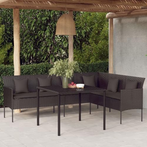 LoogCape Gartensofa in L-Form, Schwarz aus Poly Rattan, 220 cm breit, mit dicken Kissen, wetterfest für Terrasse, Balkon und Garten, Bequeme Outdoor Lounge