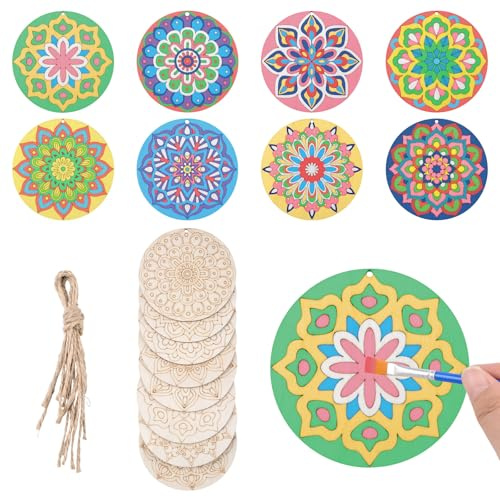 HICOHAND Mandala-Gemälde-Set aus Holz, 40 Stück, unlackierte Mandala-Holzausschnitte zum Bemalen von Diwali-Bastelarbeiten, Holzscheiben für Erwachsene zum Entspannen, Basteln, Heimdekorationen