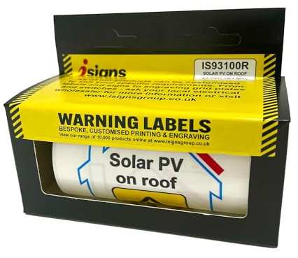 Varningsskyltar – ÖVER LAMINERADE SOLAR PV PÅ tak – S/A VINYL – 100 etiketter på en rulle