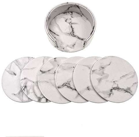 JZK 6 x Effet Marbre Blanc Dessous de Verre pour Boissons avec Support, 9.7cm Rond Tapis de Tasse Ensemble de Coaster pour Tasses Tasses en Verre