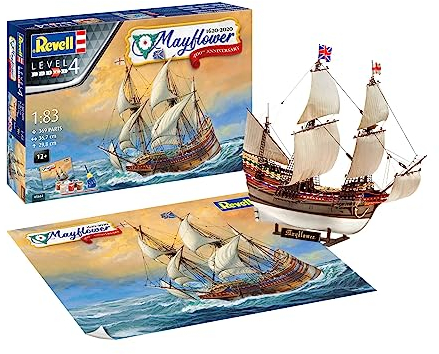 Revell Gift Set 05684 Mayflower 400th Anniversary 1:83 Scale Unbuilt Plastic Model Kit with Contacta Professional Glue, Paintbrush, Selected Aqua Color Paints & Poster