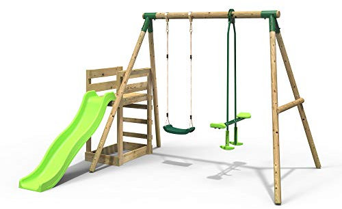Rebo® Wooden Swing Set Plus Deck and Slide - Star Green | OutdoorToys | Kids' Outdoor Wooden Play Equipment for Gardens, Frame and Accessories Included, Weather Resistant