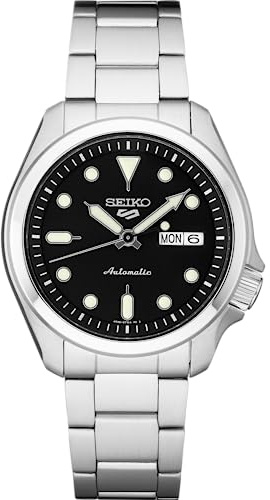 SEIKO SRPE55 Automatic Watch for Men - 5 Sports - Striking Black Dial, Day/Date Calendar, and LumiBrite Hands & Markers, Stainless Steel, 100m Water-Resistant
