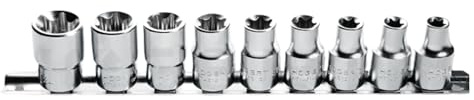 Högert Technik - HT1A880 - Juego de llaves de vaso de acero al cromo vanadio y aleación de acero I Juego de llaves de vaso I Técnica Juego de 9 llaves de vaso Torx, plata, 1/2 tamaño E10-E24, CRV