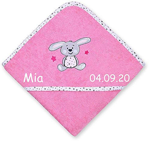 Kapuzenhandtuch mit Namen bestickt 80x80 cm Handtuch Baby Geschenk zur Geburt Badehandtuch, Wörner Stick:Hase bubbelgum