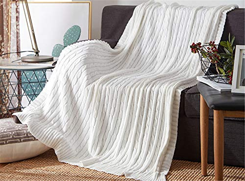 Hayisugal Kuscheldecke 100% Baumwolle Sofa Decke Extra groß Überwurf Strickdecke Wohndecke leicht & kuschelig Wolldecke Sommerdecke für Sofa, Bett, Weiß, 120 x 180cm