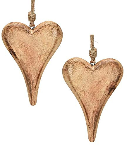 Marzoon 2X Holz Anhänger Herz je 15 x 10 cm - Massiv Holzherzen zum Hängen - Holz-Deko für Fenster - Vintage Deko für Geschenke - Mini-Deko - Mitbringsel