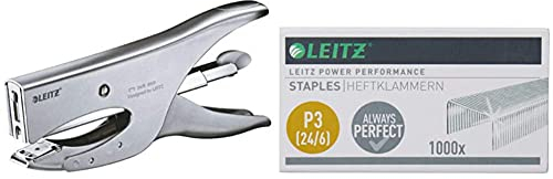 Leitz Heftzange, Für 40 Blatt, Ergonomisches Design aus Metall, Hinterlademechanik, Heftklammern P3 (24/6, 26/6) oder P4 (24/8),Silber & Power Performance Heftklammern P3 (24/6), 1000 Stück, Verzinkt