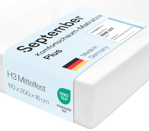 September – Matratze 7 Zonen Komfortschaum Plus 110x200 cm mit 16 cm Höhe – Komfortschaummatratze mittelfester Härtegrad H3 für Betten – Oeko-TEX® Standard 100 Zertifiziert – Bezug bei 60°C waschbar