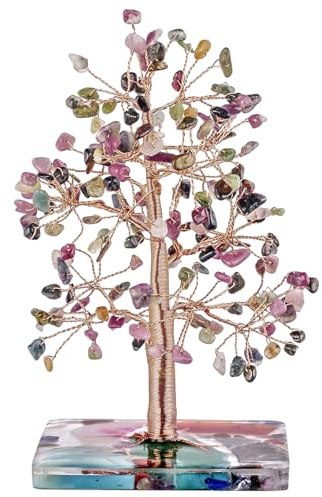Nupuyai 11.9cm Tourmaline Naturelle Arbre de Cristal avec Base de Tranches d'agate, Arbre d'argent de Pierre Semi-Précieuse, Bonsaï Feng Shui pour la Reiki Bonne Chance et Décor de Table