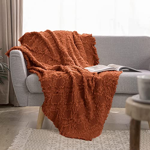 Simple&Opulence Baumwoll-Überwurfdecke für Bett, Couch, Boho, strukturierte geometrische Strickdecke mit Quasten, atmungsaktiv, Shabby-Chic-Bauernhaus-Dekoration für alle Jahreszeiten (rostorange)