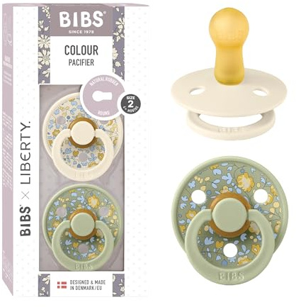 BIBS Liberty Dummies | 2 Colour Natural Rubber Latex Soothers | BPA Free Dummy | Round Nipple Pacifier | Designed & Made in Denmark | Eloise Sage | Size 2 | 6+ Months