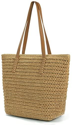 Stroh Strandtasche für Frauen, große Strohtasche mit Reißverschluss, Retro Sommer gewebte Tasche Strand Reise Handtasche, handgefertigte Boho Casual Stroh Schultertaschen für Strand Pool Beruf (Braun)