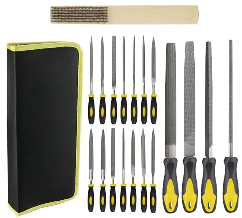 19pcs Feilen Set inkl 14pcs Mini Nadelfeilen und 4pcs Großes Feilenset & Bürste, Profi Kohlenstoffstahl Feilensatz für Holz und Metall, Dreikantfeile/Flachstumpfeile/Rundfeile/Halbrundfeile