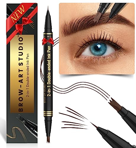 iMethod Microblading Crayon à sourcils 2 en 1 à double extrémité avec applicateur à 3 dents et pointe pinceau précise pour créer des sourcils naturels, marron foncé