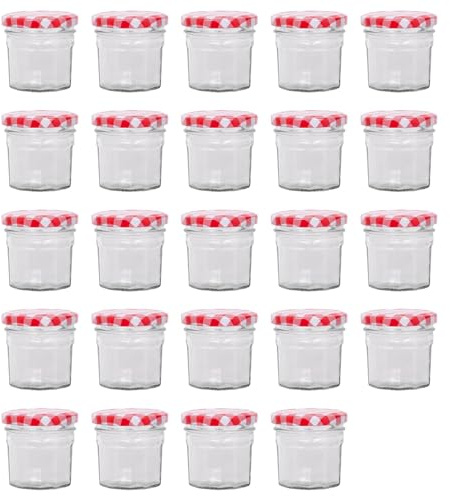 Argon Tableware Glass Jam Jars with Airtight Red Gingham Lids - 90ml - Pack of 24 - Empty Screw Top Kitchen Storage Jar for Food, Honey, Spice, Pickling, Preserving, Candle Making