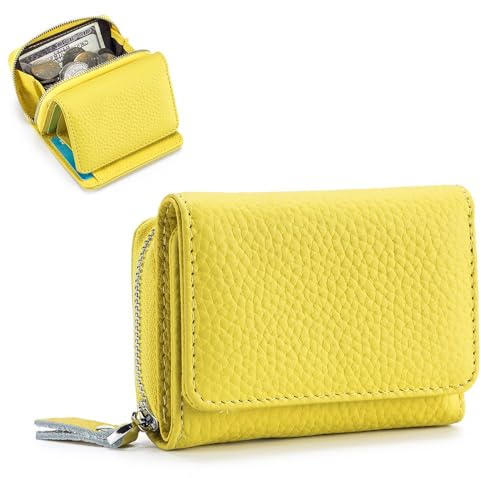ZhaoCo Kleine Geldbörse Damen mit Münzfach & RFID-Schutz, Echtes Leder Mini Portemonnaie Geldbeutel Kreditkartenetui für Frauen Mädchen - Gelb