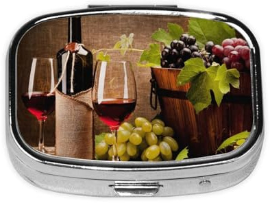 Boîte à pilules, étui à pilules, organisateur de médicaments, boîte à pilules de voyage, organisateur de pilules, porte-pilule,Verres de vin avec bouteille de vin et raisins