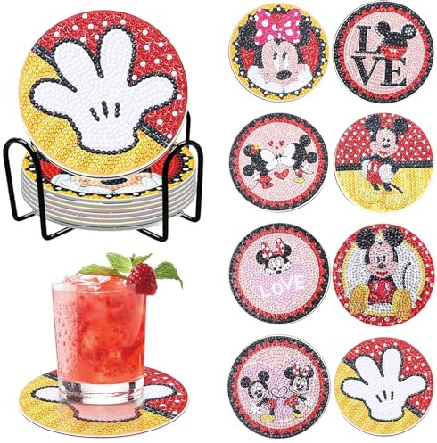 8 Stück Diamant Malerei Untersetzer mit Halter, DIY Mickey Minnie Malsets für Erwachsene und Kinder Anfänger 5D Cartoon Diamant Kunst Untersetzer Bastelbedarf