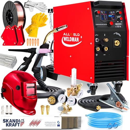 Weldman POWER MIG 280 LCD SYN - Soldador Inverter Profesional 250 A - Con Chasis Rodante, Sinergia, Alambre de 4 Rodillos, Spool Gun - MMA, TIG DC - Inductividad - 2T/4T - Set Professional