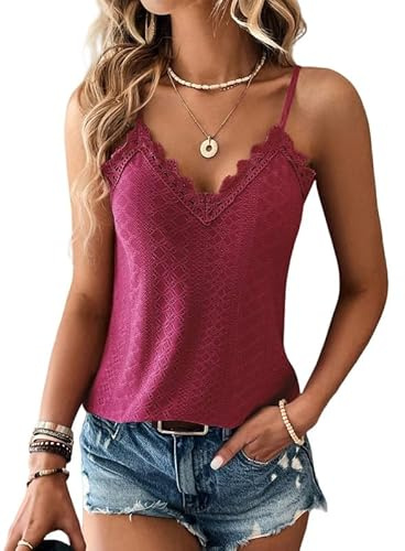 Haibang Canotta Donna Estive Top Spaghetti Strap Senza Maniche Elegante Canottiera Loose Fit Gilet Solido Sottogiacca in Pizzo Casual Camicette Maglietta Blusa in Tessuto con Occhielli