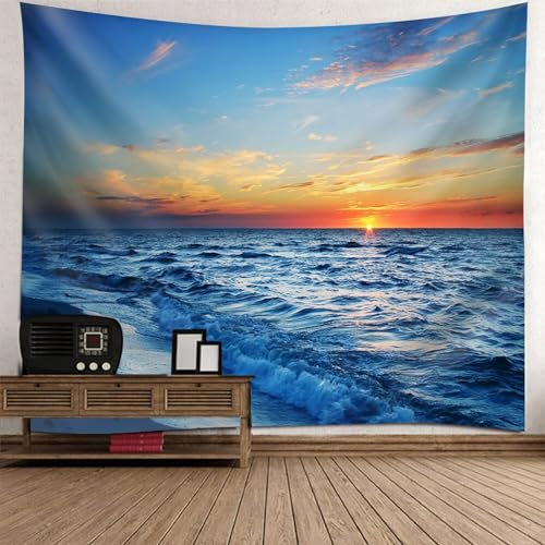Wandteppich Strand XXL 240x220, Blaues Meerwasser Sonnenuntergang Landschaft Tapisserie Dekoration für Schlafzimmer Wohnzimmer, 240x220cm